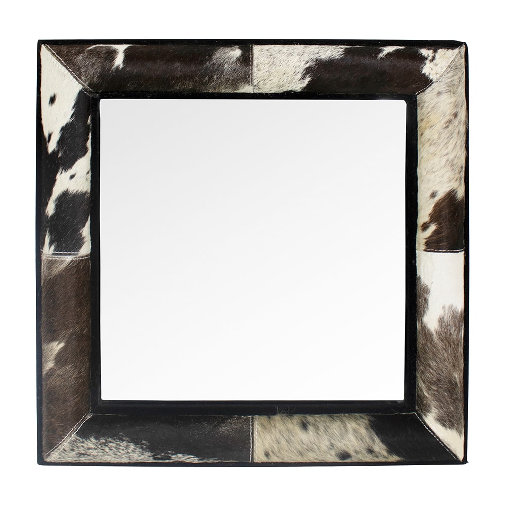 Wandspiegel Spiegel Kuhfell quadratisch 50cm Schwarz Rahmen Kuh Kuhfellrahmen
