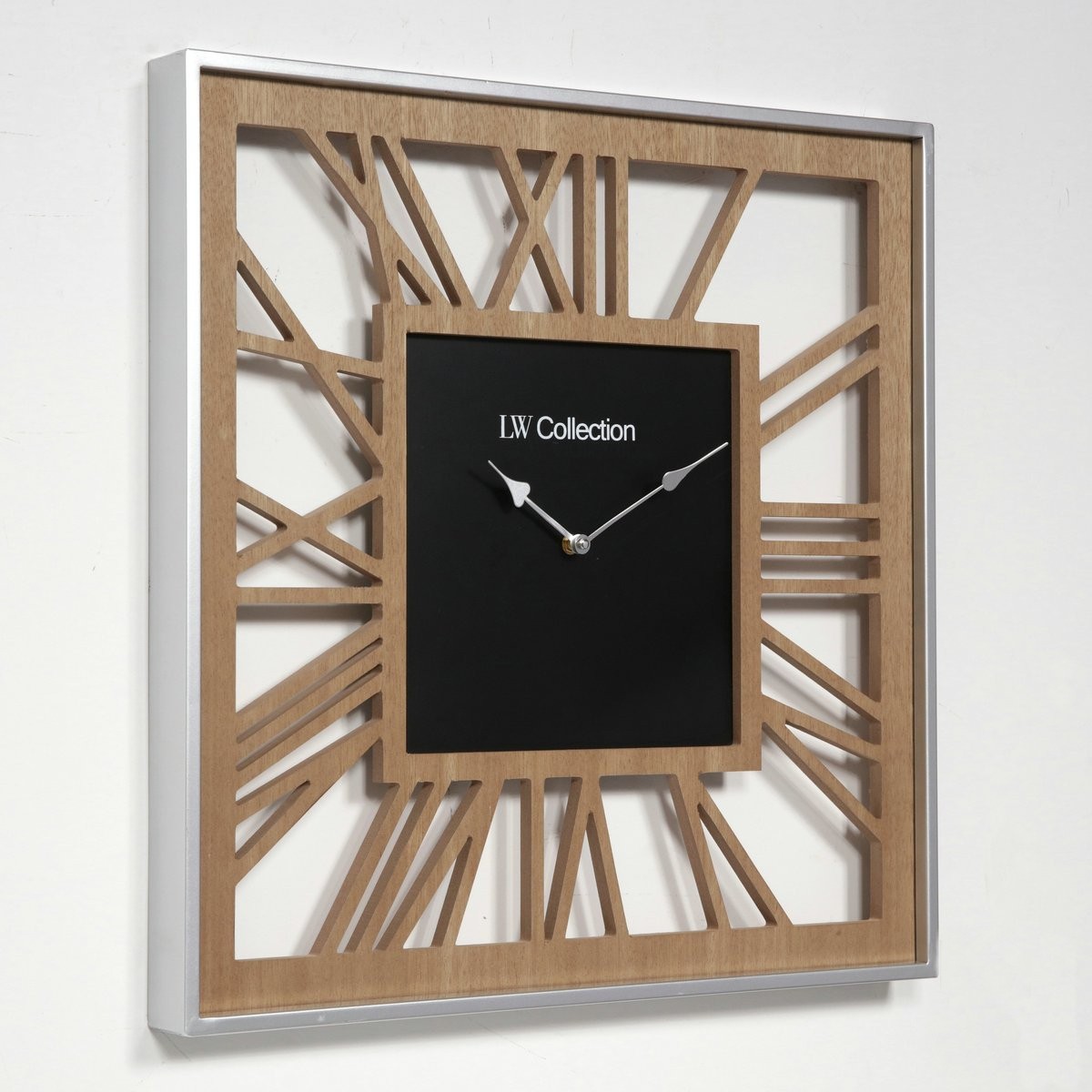 Große Wanduhr Braun Silber 60cm quadratisch Holz Quadrat Uhr Wand