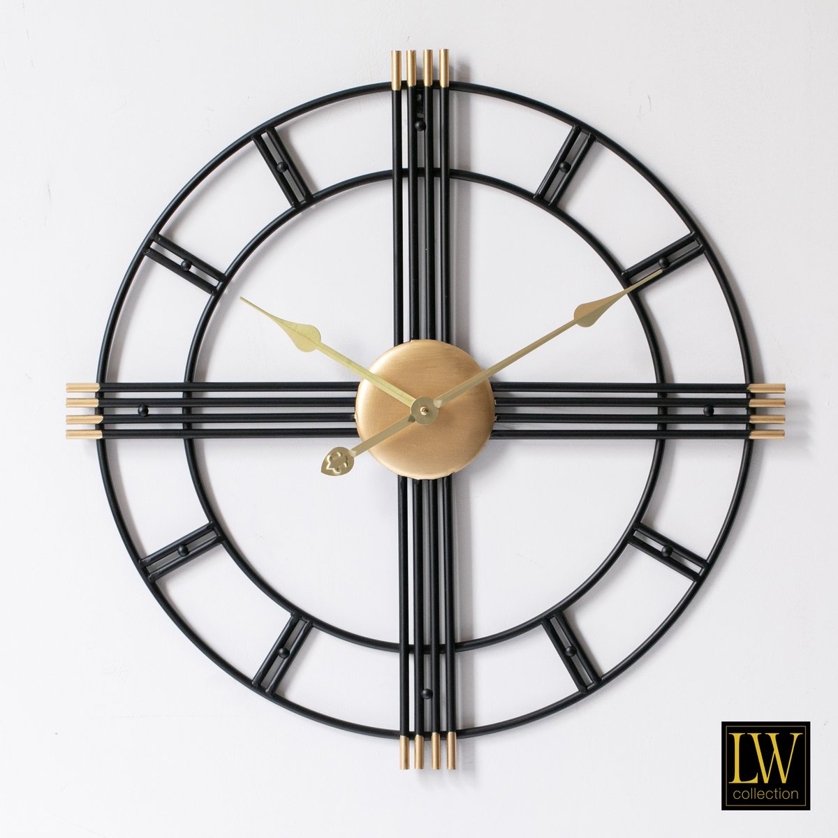 Große Wanduhr 60cm William Schwarz Gold Metall Landhaus Uhr 