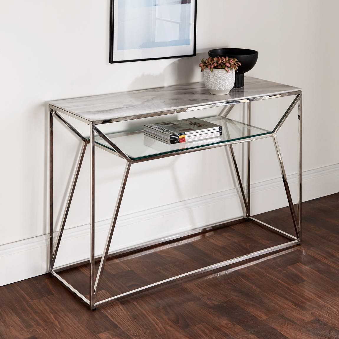 Konsolentisch Chrom Marmor Glas 120cm poliert Silber Tisch Edelstahl 