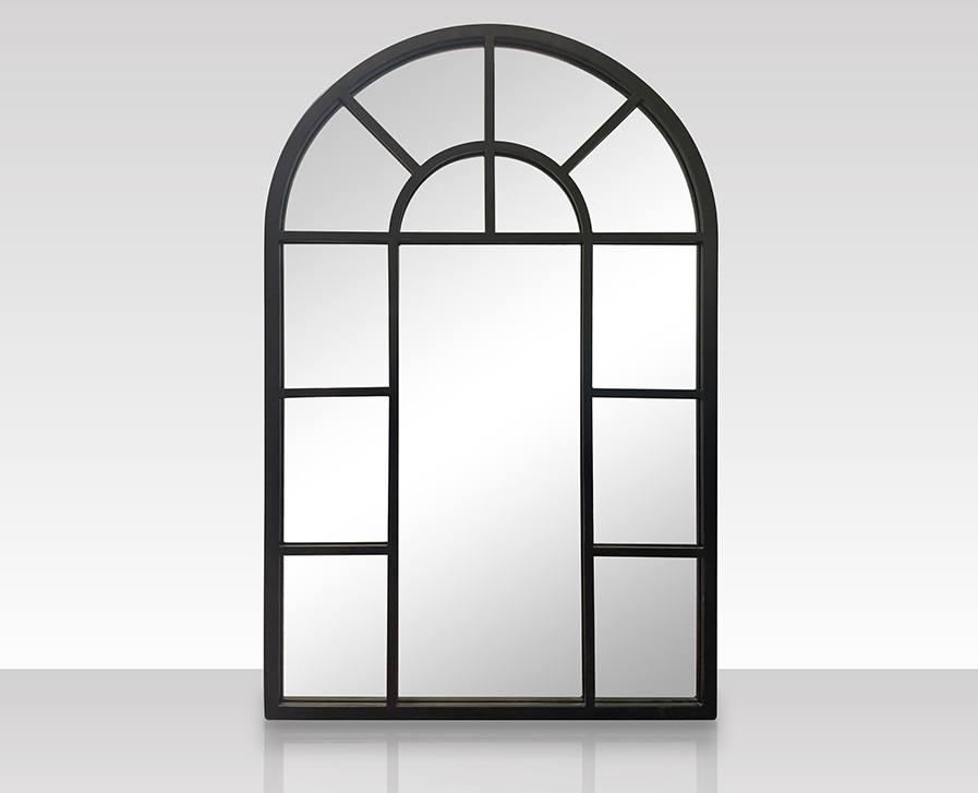 Edler Wandspiegel Fenster Schwarz 97cm halbrund Spiegel Fensterspiegel Streben