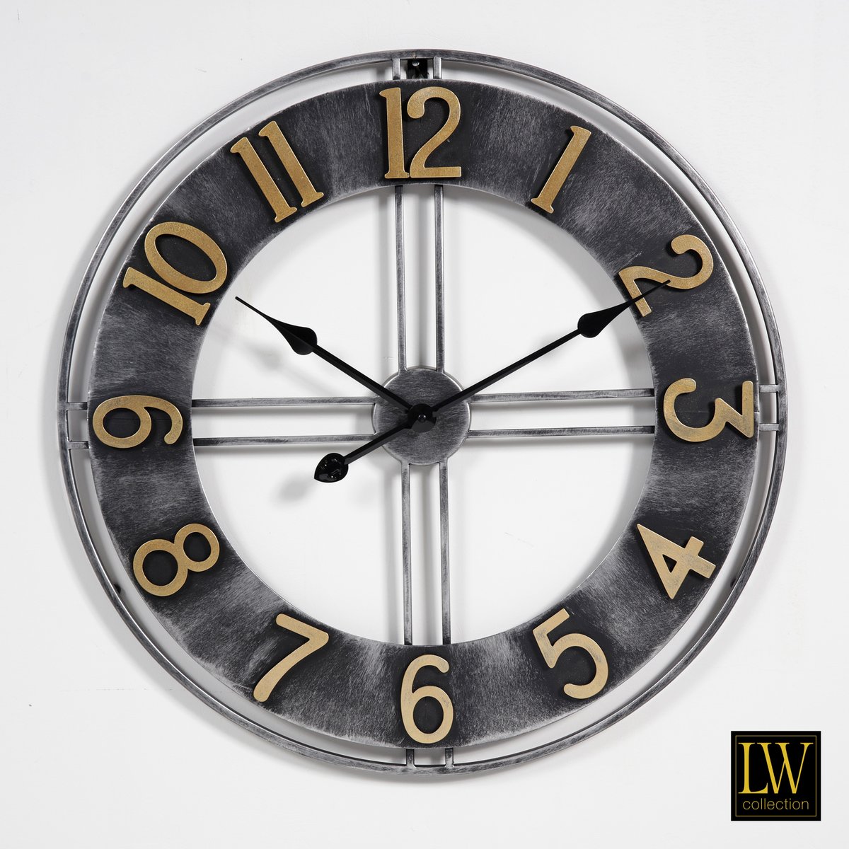 Wanduhr 60cm Pioneer Schwarz Gold Metall Landhaus Vintage Uhr 
