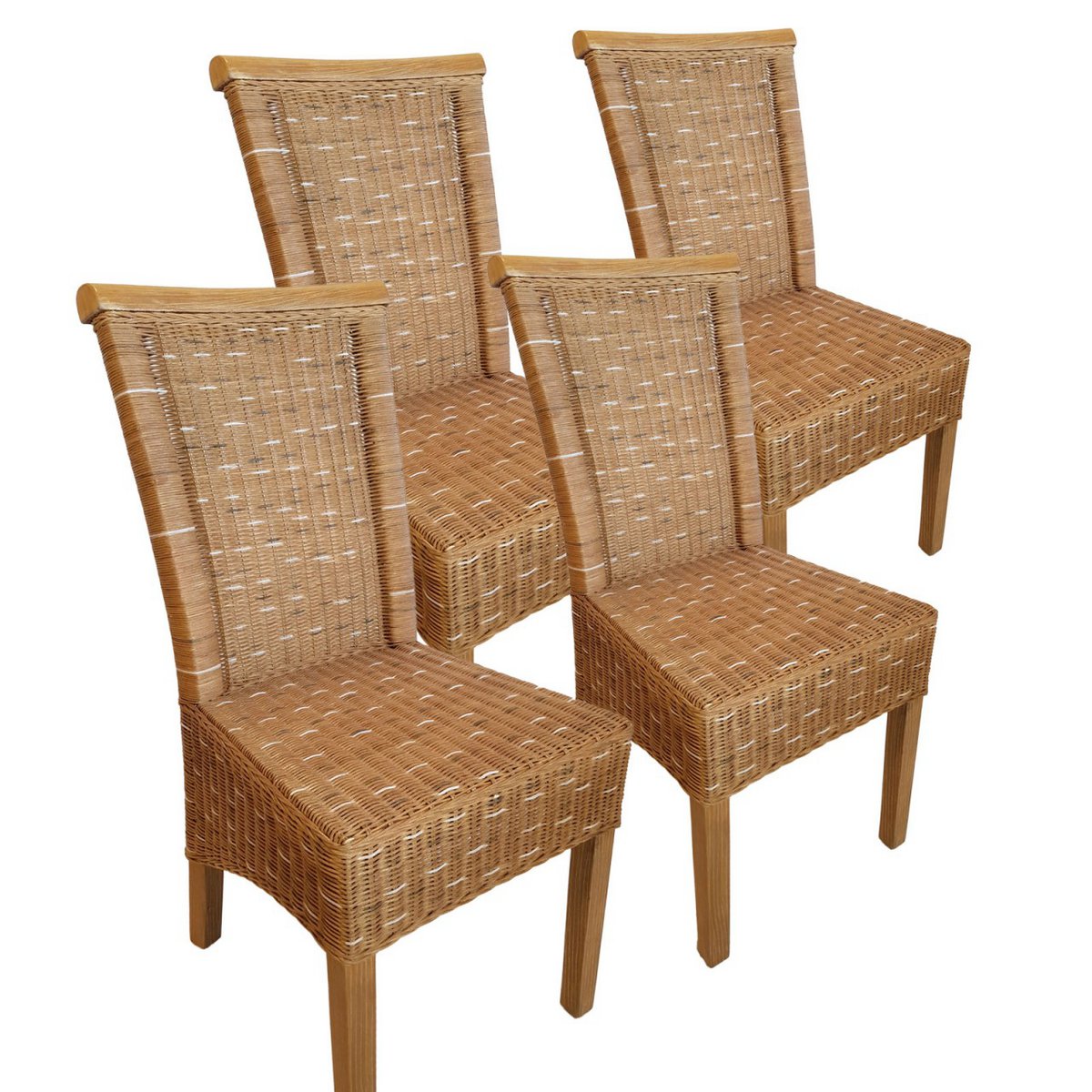 Esszimmer-Stühle Set Rattanstühle Perth 4 Stück braun Sitzkissen Leinen weiß