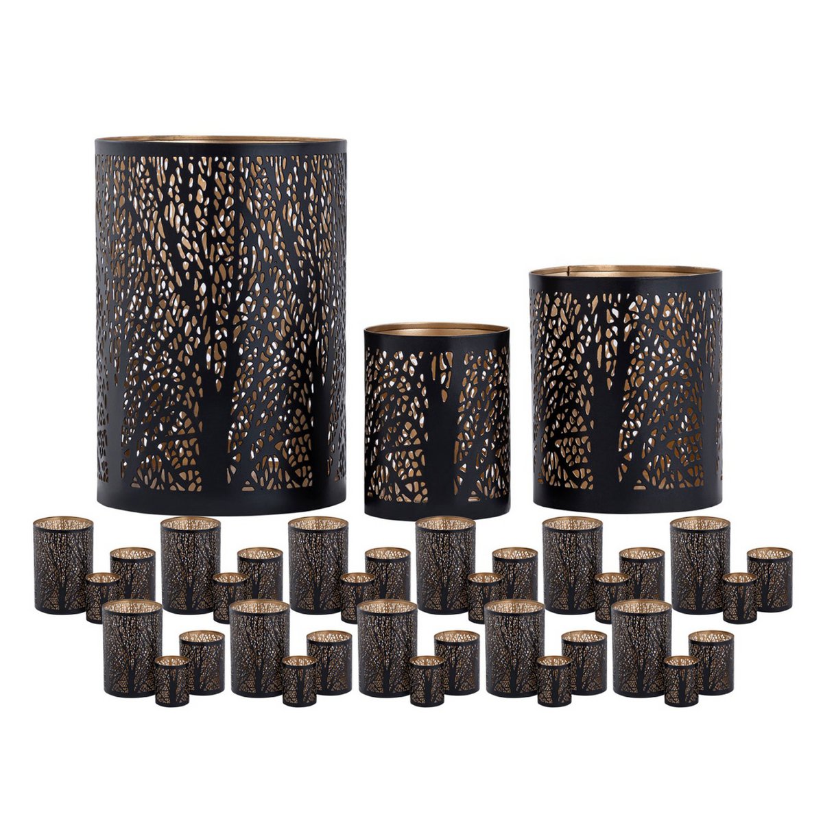Windlicht 3er Set Masterbox 12x 3teilig Kerzenständer Forest Teelichthalter rund schwarz gold