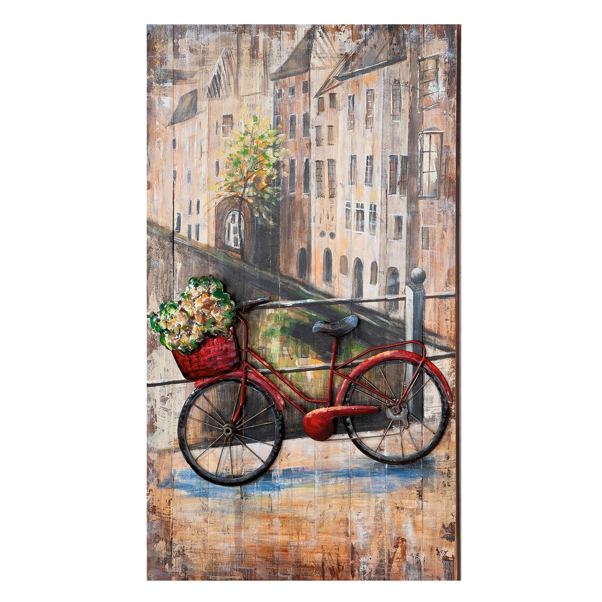 Gilde Wandbild Metall Bild Blumenfahrrad auf Holz 120x70cm Fahrrad Blume Gemälde