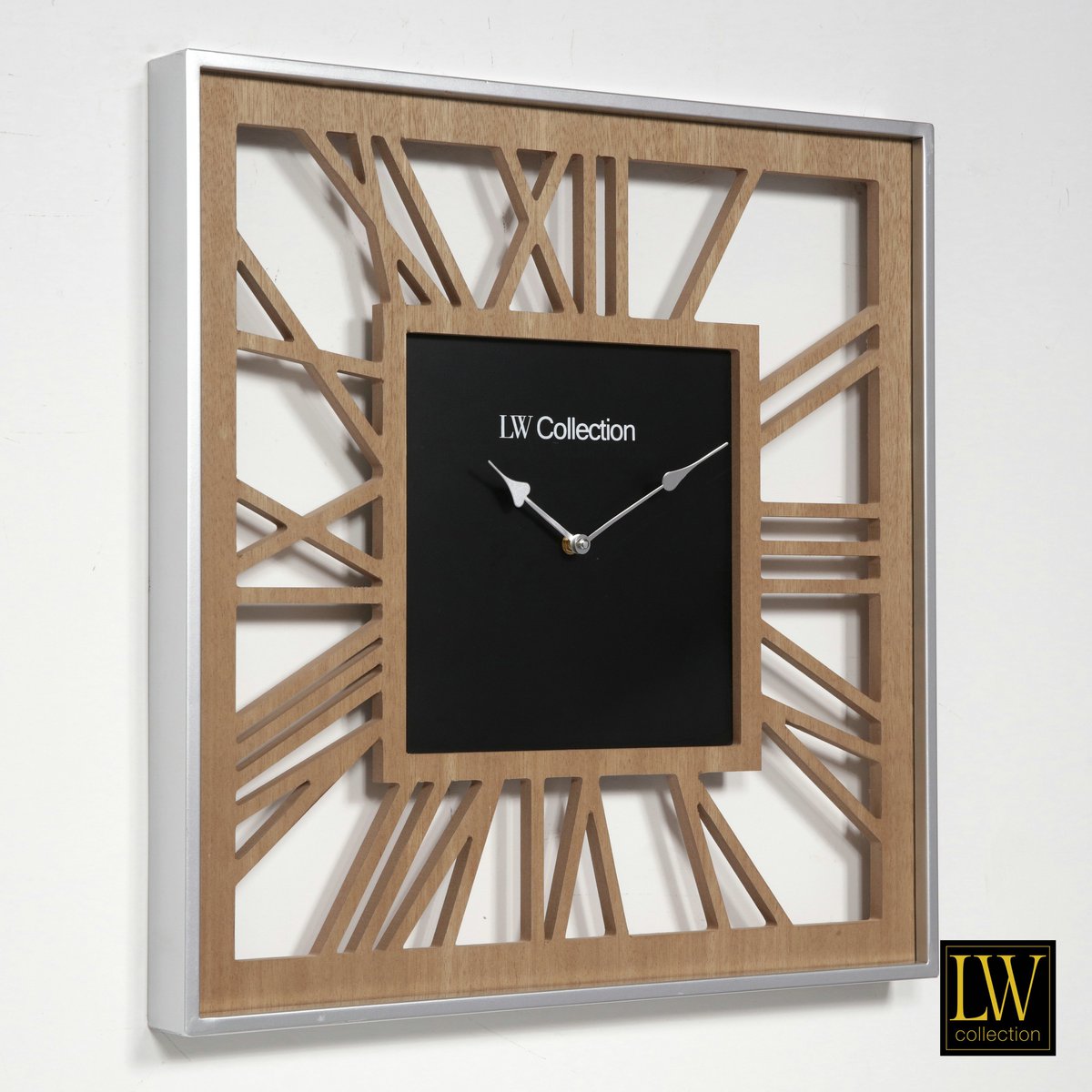 XXL Wanduhr Braun Silber 80cm quadratisch Holz Quadrat Uhr Wand 