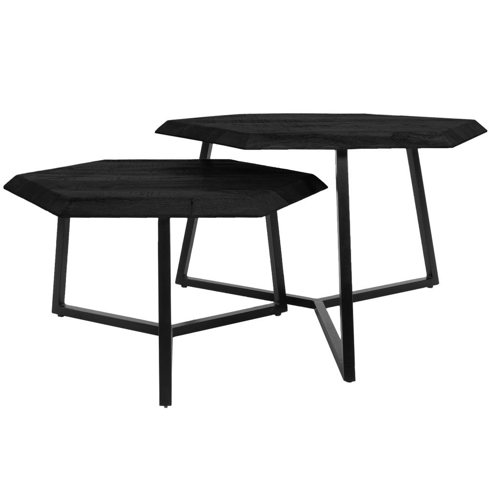Couchtisch Kiara – 2er-Set – achteckige Tische – schwarzes Mangoholz Beistelltisch Sofatisch kleiner Tisch Couch