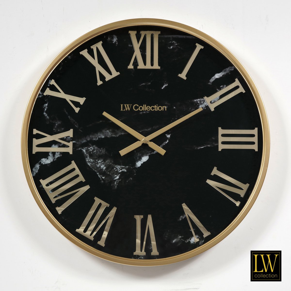 Große XXL Wanduhr Schwarz Gold 80cm Marmor rund Metall Uhr Wand 