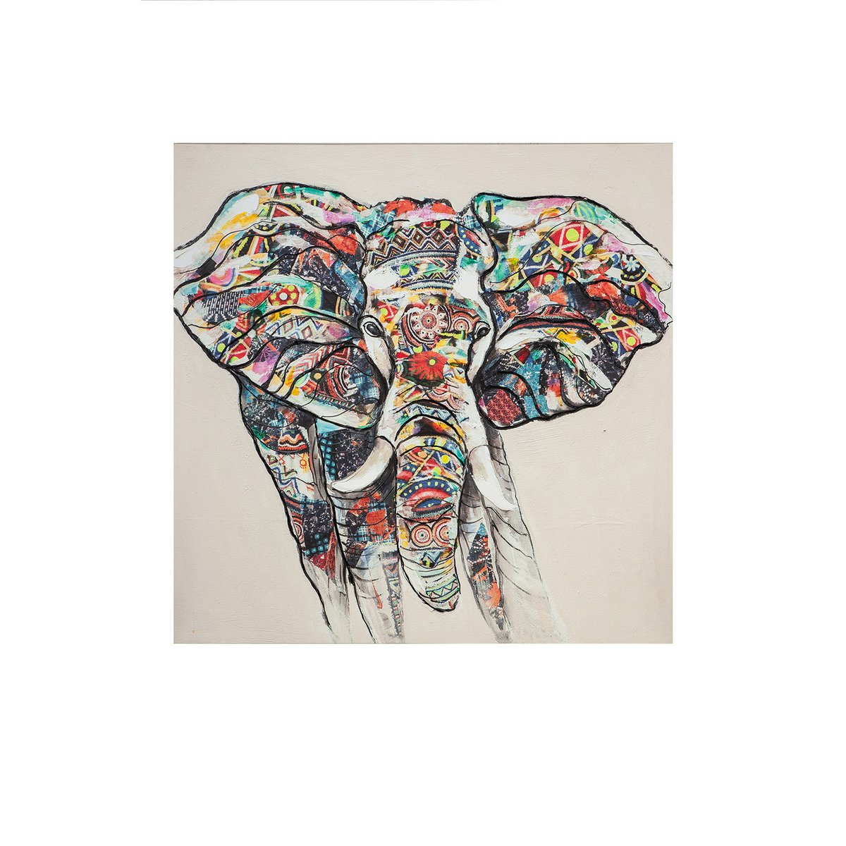 Gilde Wandbild Holz 100x100cm Leinen Bild Bunter Elefant Gemälde